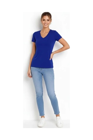 Veraura Lifestyle T-shirt V Yaka Slim Fit Likralı Tişört Günlük Basic Body - İndigo
