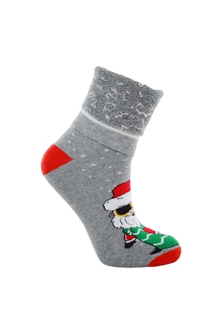 Dode Flora Kadın Pamuk Havlu Noel Baba Desenli Yılbaşı Çorabı Gri