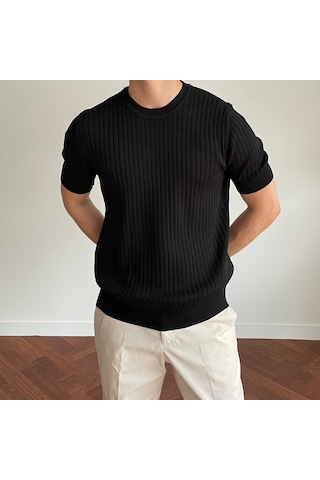 Tarz Cool Erkek Fitilli Slim Fit Bisiklet Yaka Triko T-shirt Haki