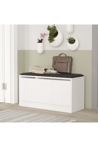 Comfort Puflu Minderli Oturaklı Ayakkabılık 3 Kapaklı Dolap Beyaz