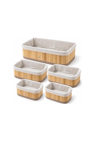 Bambu Düzenleyici Sepet Seti, Kumaş Astarlı, 5'li Set