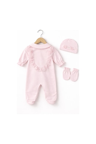 Kardeşler Bebe Dantelli Çiçek Nakışlı Kız Bebek Tulum Bere Eldiven Seti Pembe