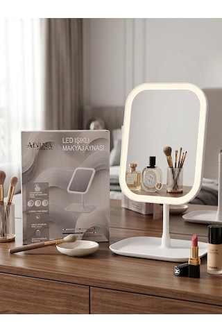 Led Işıklı Dimmerli Usb Şarjlı Dokunmatik Makyaj Aynası Beyaz - 3 Renk Işık Modu 360 Döner Masaüstü Ayna Kare
