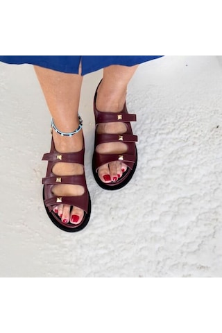 Ne&ve Shoes Bordo Hakiki Deri Gold Aksesuarlı Günlük Rahat Sandalet