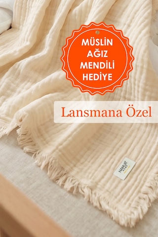 Bebek 4 Katlı Müslin Pike Örtü %100 Pamuk 2'li Ağız Bezi Hediyeli Yenidoğan 85x100 Battaniye Ekru