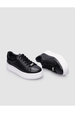 %100 Hakiki Deri Siyah Bağcıklı Kadın Sneaker-siyah Siyah