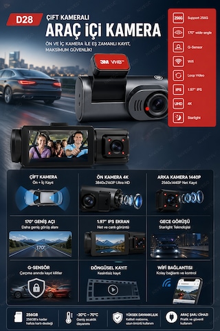 Nvg D28 Uhd Çift Lens Araç Kamerası 4k Ön 1440p Arka Gece Görüş Wifi 256gb Destekli Dashcam