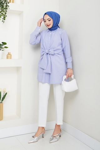 Çizgili Poplin Bağlamalı Gömlek - Mavi / Ü103 Mavi