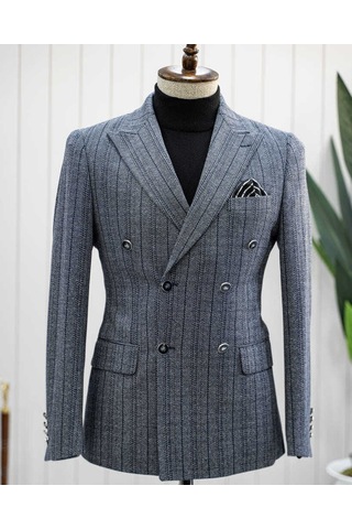 Bys Beystil Sivri Yaka Lacivert Çizgili Kruvaze Ceket 52731 - Slim Fit
