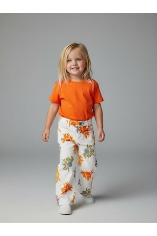Zekids Kız Bebek Çiçek Desenli Geniş Paçalı Denim Pantolon-16718 Turuncu