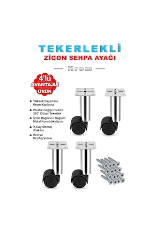 4 Adet 15cm Çap 32mm Metal Gövdeli Plastik Tekerlekli Mobilya Sehpa Ayağı Krom