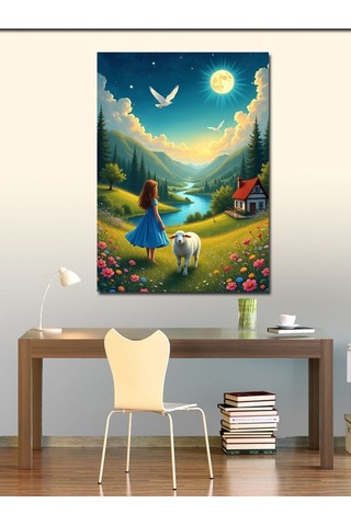 Kanvas Tablo Yeşil Vadide Kız Ve Kuzu 70cmx100cm