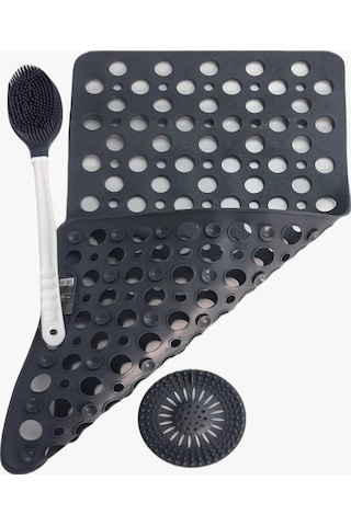 3 Parça Set Banyo ve Duş Kaydırmaz Çift Taraflı Banyo Duş Vucüt Fırçası Yuvarlakküvet Süzgeci Siyah