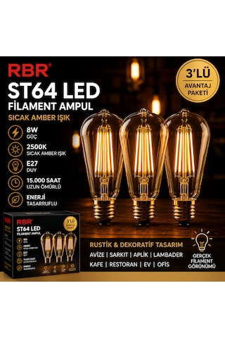 Rbr St64 Led Filament Armut Ampul E27 8w 2500k Amber Rustik 3'lü Avantaj Paketi 3'Lü Paket