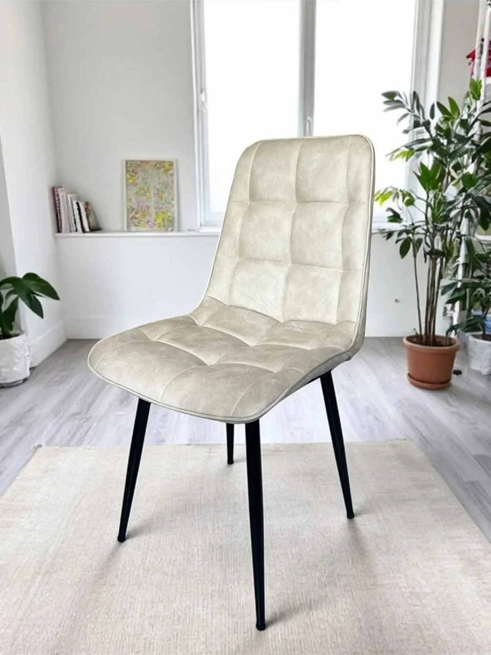 Dengema Bahar Sandalye 2 Adet Modern Yemek & Mutfak Sandalyesi, Bej Kumaş - Metal Siyah Ayak Bej