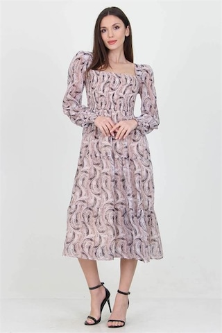 Neşeli Butik Kadın Bej Desenli Kare Yaka Gipeli Şifon Elbise Nb100361 Bej