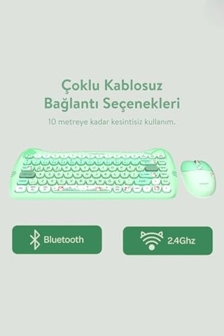 Km-6285 Catty Mini Wireless-bluetooth Kablosuz Ultra Sessiz Özel Tasarımlı Q Klavye Mouse Set Yeşil Diğer