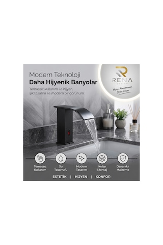 Rena Design Fotoselli Sensörlü Siyah Kare Lavabo Bataryasi Temassiz Otomatik Tasarruflu Modern Musluk