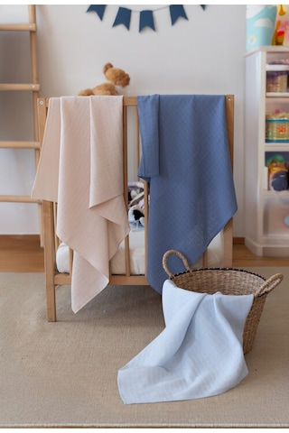 Çok Amaçlı Müslin Örtü & Battaniye 3'lü Set Pamuk Oeko-teks Sertifikalı 80x80 Cm Bebe Mavi