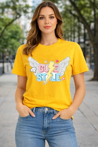 Herkesemoda Cute Stayle Baskı Detaylı Basic T-shırt Sarı