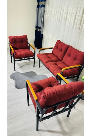 Madame Home Kalanşo Balkon, Bahçe,teras,cafe - Salon - Metal Kanepe Koltuk Takımı Çay Seti 2+1+1 Bordo
