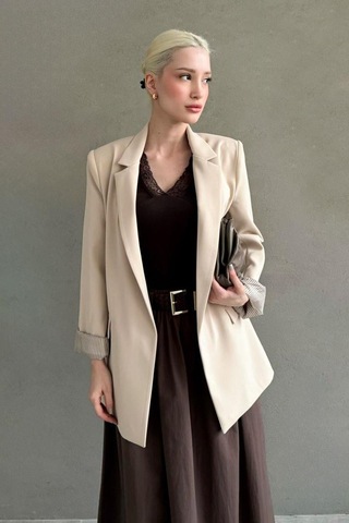 Seeh Bej Kol Desenli Blazer Kadın Ceket Sh339