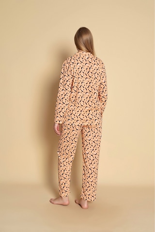 Kadın Gömlek Leopar Desen Uzun Kol Pijama Takımı Turuncu