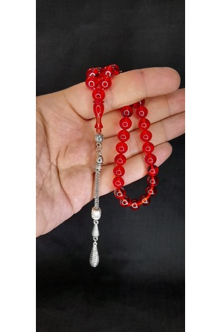 Anemore Collection Çubuk Kehribar Tesbih Küre Kesim Kırmızı Renkli T-424