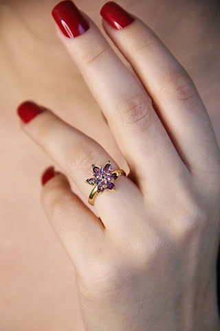 925 Ayar Gümüş Altın Kaplamalı Mor Lotus Çiçeği Yüzük - 34023302