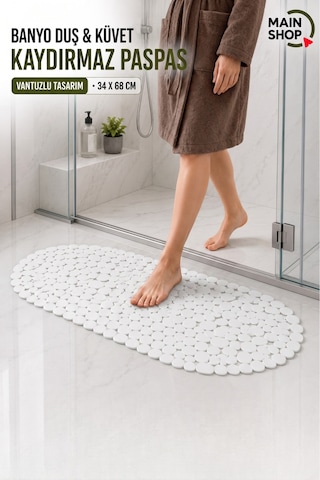 Mainshop Vantuzlu Banyo Duş Ve Küvet Kaydırmaz Paspas - 34 X 68 Cm - Beyaz M-130