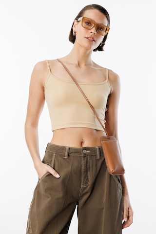 Genius Store Kadın Scuba Kumaş İp Askılı Crop Top Crop-atlet Bej