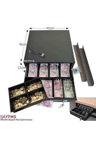 6 Banknot Gözlü Masa Altı Montaj Askılı, Pos Bağlantılı, Anahtardan Açılır Para Çekmecesi 41x41x11cm
