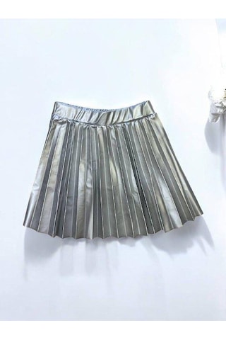 Kız Bebek Pileli Deri Etek-14903 Gümüş