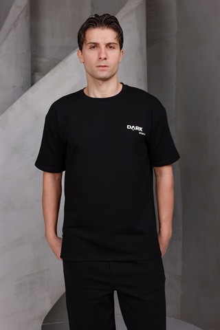 Erkek Baskılı Oversize Bisiklet Yaka 2 İki İplik Kompakt T-shirt Siyah