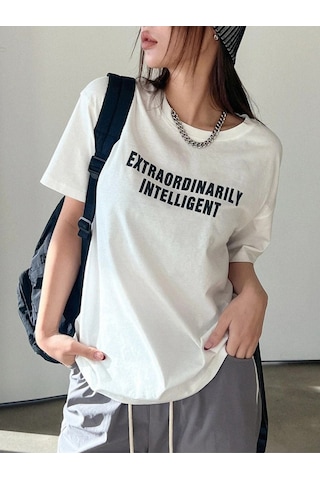 Kadın Beyaz Oversize Extraordinarily Baskılı Örme T-shirt Beyaz