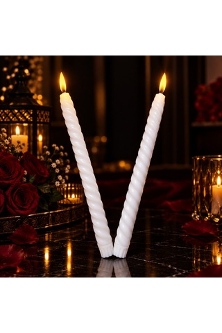 2 Adet Burgulu Led Işıklı Uzun Şamdan Mumu Gün Işığı Led Işıklı Şamdan Mumu Led Işıklı Mum Pilli Mum Beyaz