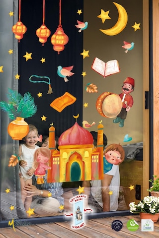 Ramazan-ı Şerif Sticker Seti Suluboya Tonlarında Özel Tasarım Çocuk Bebek Odası Cami Ve Çocuk Stick Dijital Baskı