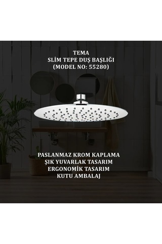 Tema 55280 Slim Tepe Başlık Modern Duş Başlığı Krom
