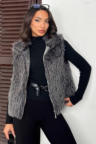 Verymoda Yapay Kürk Kadın Yelek Fermuarlı, Yumuşak Dokulu I Vmf2046 Gri