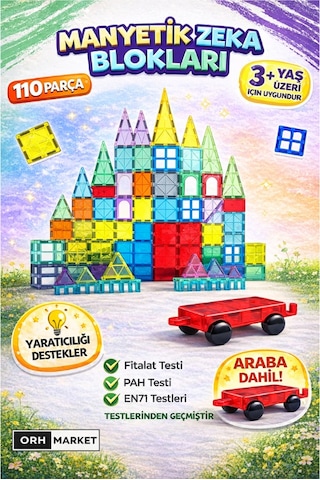 Arabalı 110 Parça 7.5cm Büyük Boy Manyetik Blok Seti |  Güçlü Mıknatıslı Zeka Geliştirici Eğitici Oyuncak