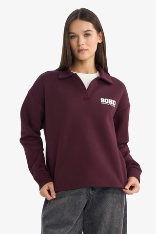 Defacto Coool Oversize Geniş Kalıp Polo Yaka Baskılı Sweatshirt G3721ax25wnbr171 Bordo-br171