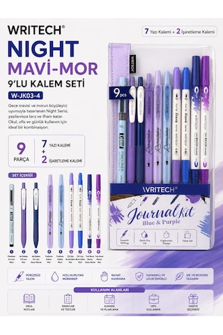 Writech W-jk03-4 Night Mavi-mor Kalem Seti 9'lu Çok Renkli