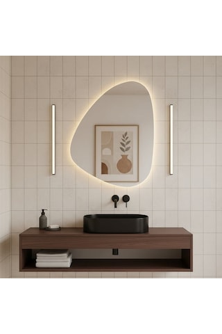 40x55 Cm Modern Asimetrik Led Banyo Aynası Dokunmatik Sensörlü, Dimmerli, 3000k Günışığı Sarı