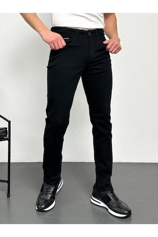 Siyah Şeritli Erkek Model Regular Fit Rahat Kesim Esnek Likralı Denim Jeans Kot Pantolon 001