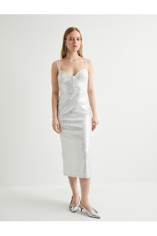 Koton Midi Askılı Abiye Elbise Bridal Kalp Yaka Metalik Varak Baskılı Kırık Beyaz 4sak80134fk Ekru