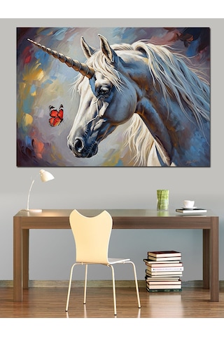Uçan Kelebekli Beyaz Unicorn Dekoratif Kanvas - Mdf Ahşap Tablo