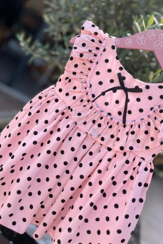 Puantiyeli Kolsuz Pamuklu Kız Çocuk Bebek Pudra Pembe Elbise 001