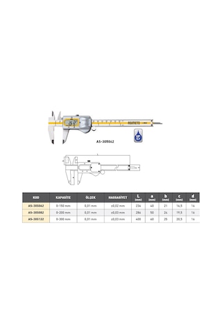 Asimeto Profesyonel Dijital Kumpas Metal Kasa Su Geçirmez 0,01-300 Mm