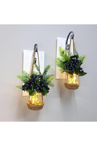 Duvar Dekoru, Led Işıklı, Mavi Kokina Çiçekli, Beyaz Aplik İkili Set