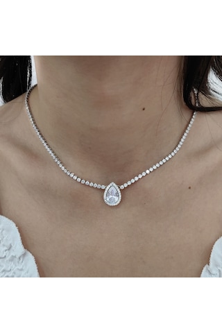 Chavin Düğün Nişan Kına Damla Zirkon Taşlı Bayan Kolye es14by Gümüş